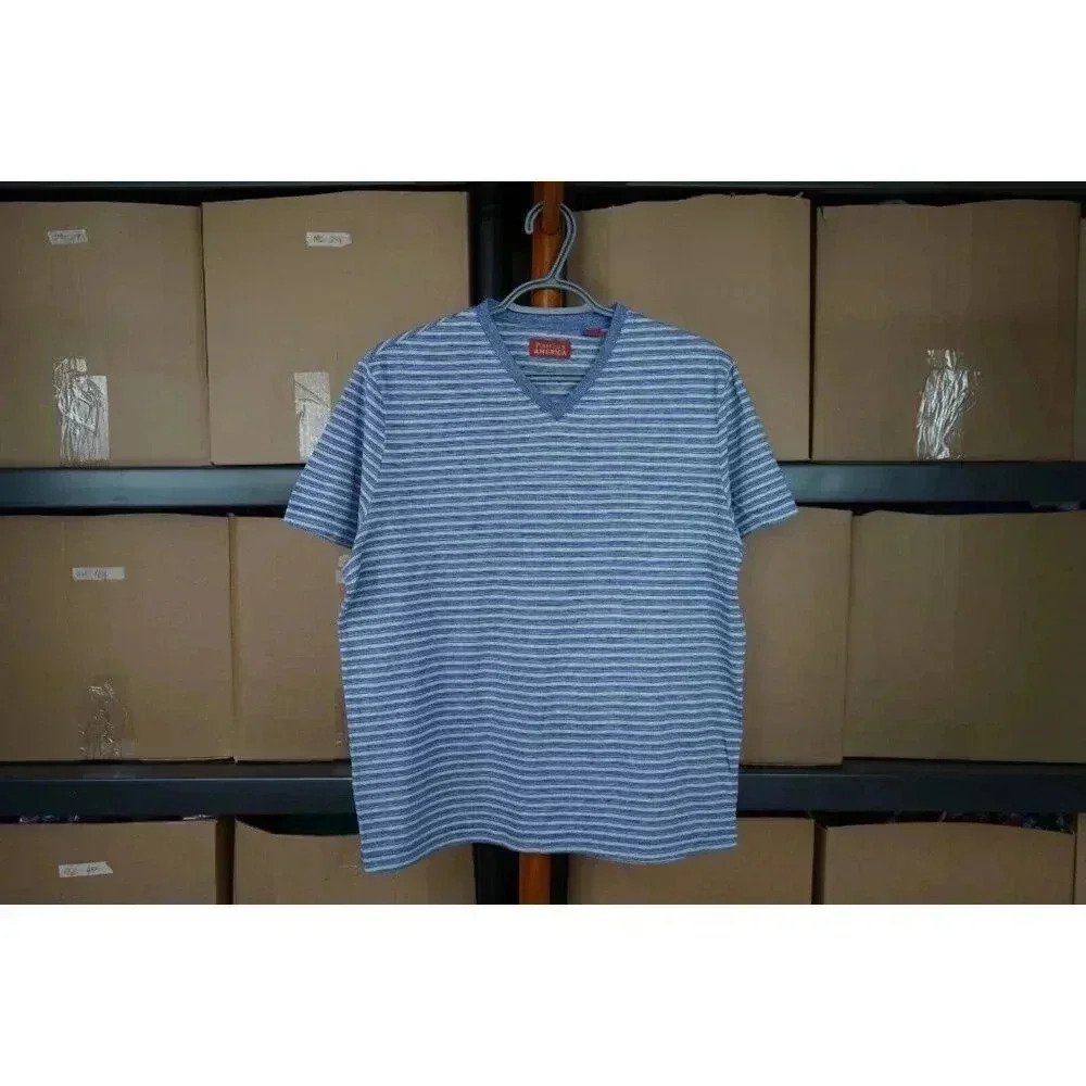 Vintage T-Shirt Men's Medium 90s Stripes Blue Perry Ellis V-Neck #555